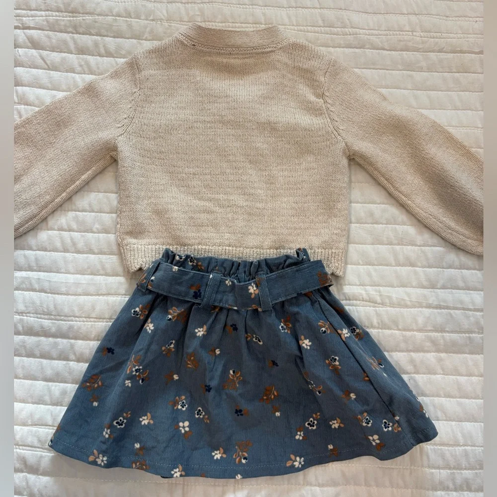 NWT Happily Grey Infant Sparkly Cardigan & Floral Corduroy Skirt Set 18M